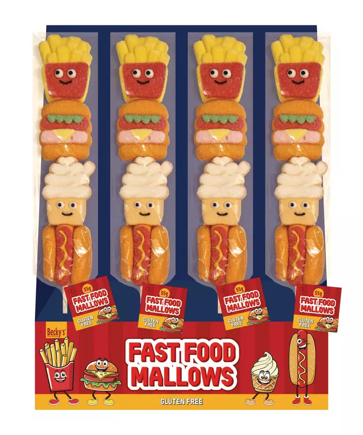 Becky’s fast food mallows pikaruoka-aiheinen vaahtokarkkitikku 55 g - Makeiset - 8713305821806 - 1