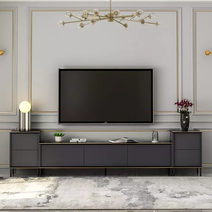 Tyylikäs ja Kestävä TV-taso Anthrasiitti, 100% Melamiinipinnoitettu, 180x45,2x35 cm, Useita Hyllyjä, Kiinnitettävä Seinäasennus - TV-tasot - 8683743528066 - 1