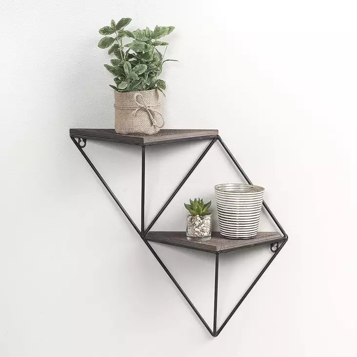 Moderni ja Rustiikkinen Koristeellinen Puinen Seinä Hylly, 100% Kuusipuu, Metalli, Pähkinä Musta, 33x30x13 cm, 5 kg - Huonekalut - 8681875990096 - 1