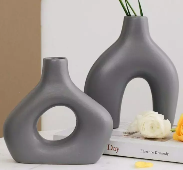 Harmaa Keraaminen Maljakkosetti - 100% Keraaminen, Koko: 15x4x19 cm & 16x4x15 cm - Tyylikäs Sisustuselementti - Kukka-amppelit ja maljakot - 8684282698166 - 1