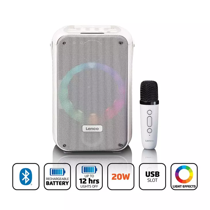 Karaokejärjestelmä, jossa on Bluetooth®, ladattava akku, langaton karaokemikrofoni ja disco LED-valaistus Valkoinen - Nedis tuotteet - 8711902081296 - 1