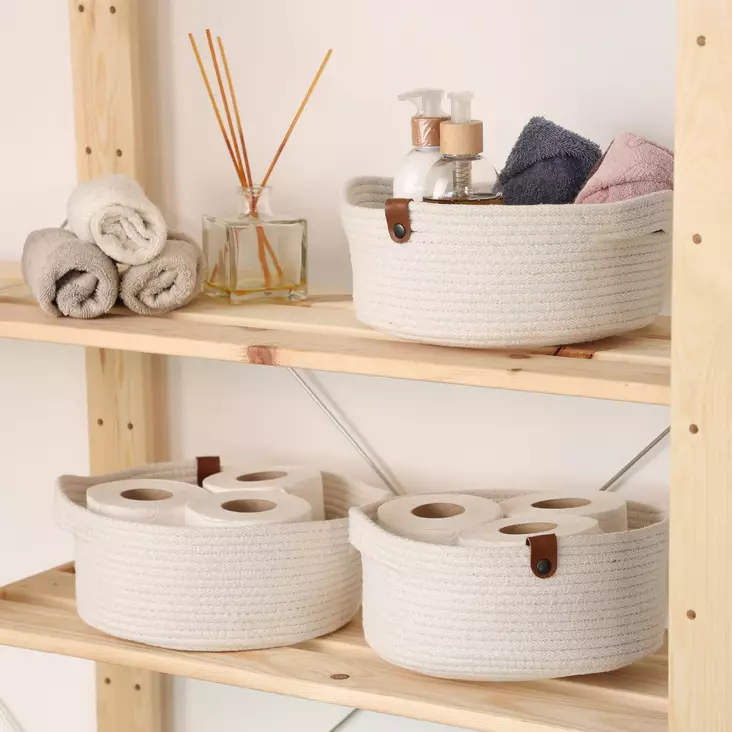 Käsintehty Ecru Puuvillakori Setti (3 kpl) - 100% Puuvillajuteköysi, Kylpyhuoneen Suuri Koko 25x25x10 cm - Säilytyslaatikot ja korit - 8683742917786 - 1