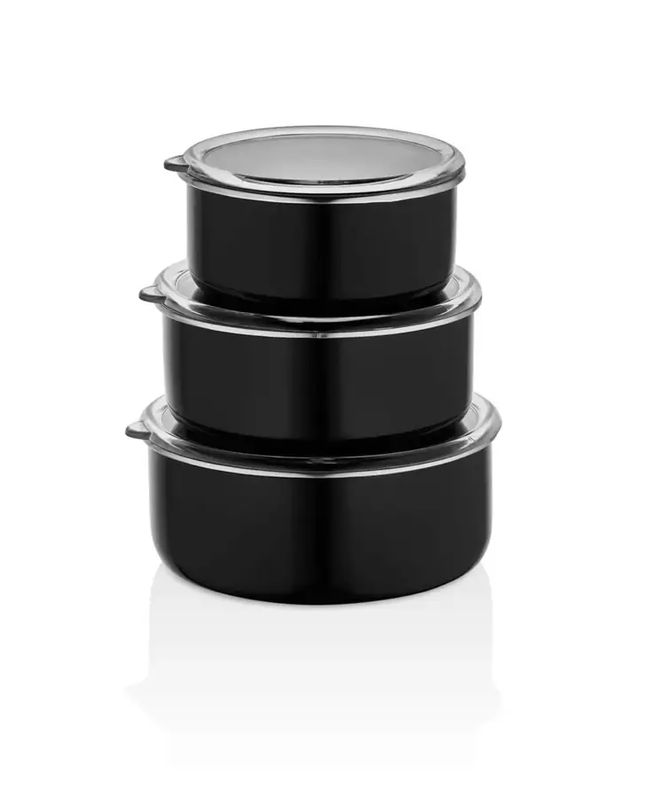 Keittiötarvikkeet: Musta Säilytyslaatikko Setti (3 kpl) - 100% Emali, Koot: 14x14x5, 16x16x6, 18x18x7 cm - Eväsrasiat ja ruoansäilytysastiat - 8684283720606 - 1