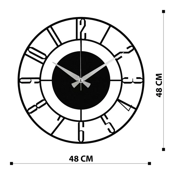 Koristeellinen metallinen seinäkello, musta, 48 x 48 cm, kestävä, taiteellinen - Seinäkellot - 8682870854116 - 1