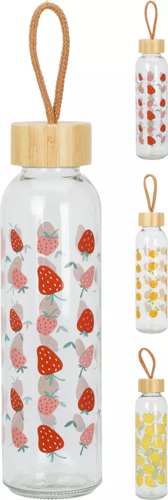 Lasinen juomapullo 500ml bambukorkilla ja hedelmäkuvioilla - Kotitaloustavarat - 8721037372046 - 1