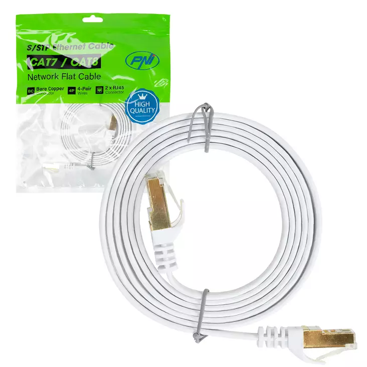 Litteä verkkokaapeli S/STP CAT7 PNI U7015W, Patch, 2 x RJ45, 4 paria johtoja, 32AWG, kupari, 10 Gbps, 600 MHz, 1,5 m, valkoinen - PNI tuotteet - 5949066538766 - 1