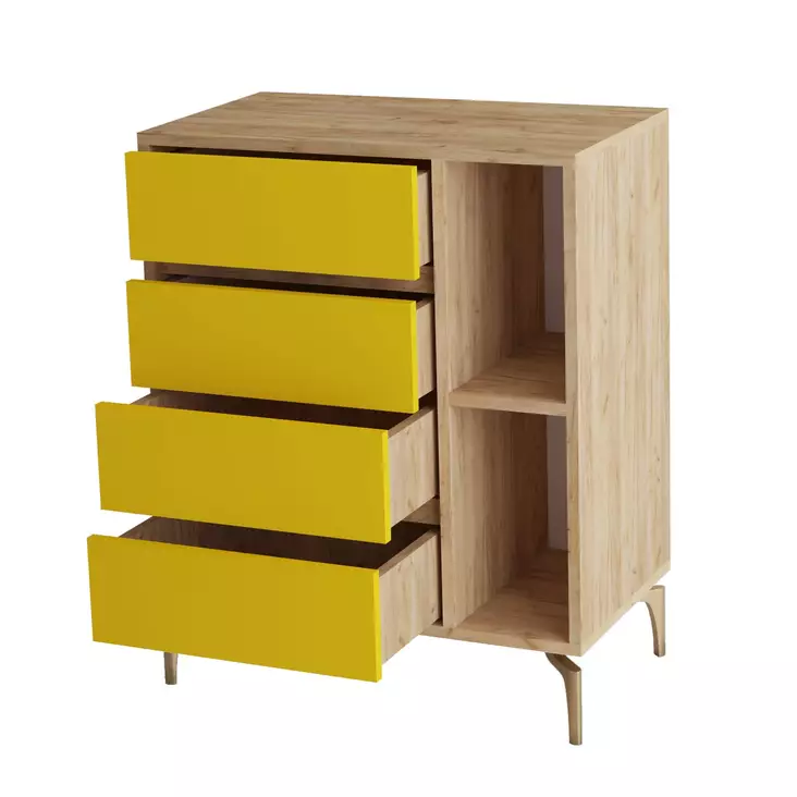 Moderni-Novelty Lipasto: Tammi Keltainen, 100% Melamiinipinnoitettu, 2 Vetolaatikkoa, Useita Hyllyjä, 70x40x86 cm - Lipastot ja senkit - 8682870658776 - 1