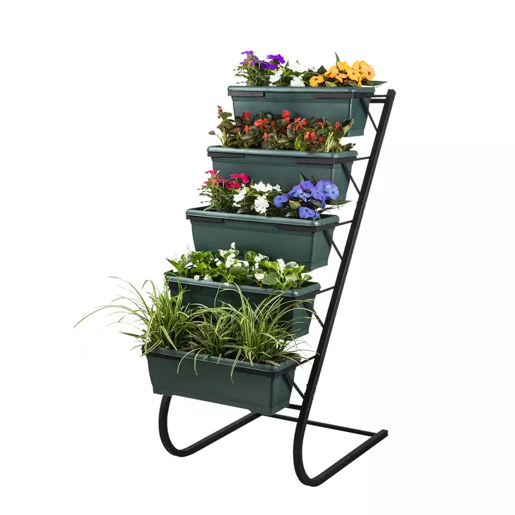 Moderni ja Tyylikäs Tumma Vihreä Musta Koristeellinen Puutarharuukku - 100% Metalli, 130x56x85 cm, 5 Muoviruukkua - Kukkatelineet ja kasvutuet - 8681875943276 - 1