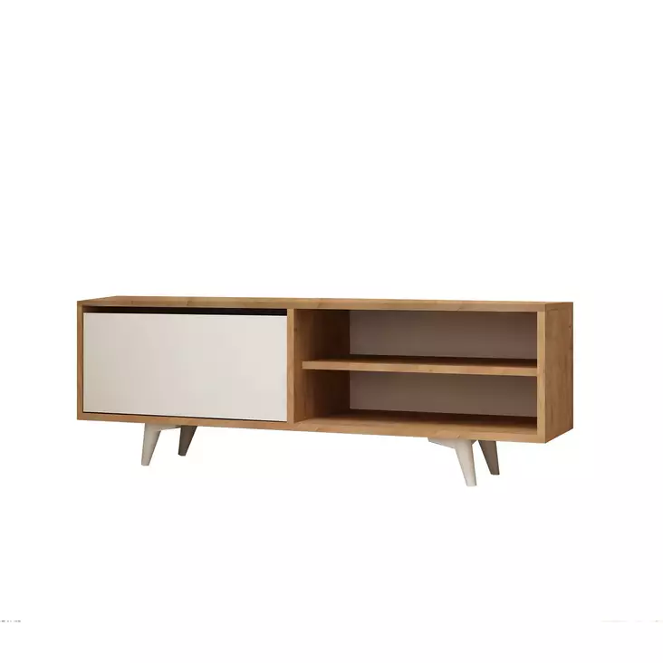 Moderni TV-taso, Tammi Valkoinen, 100% Melamiinipinnoitettu, 120x47x35 cm, Useita Hyllyjä, Kiinnitettävä Seinäkiinnitys - TV-tasot - 8681875078336 - 1