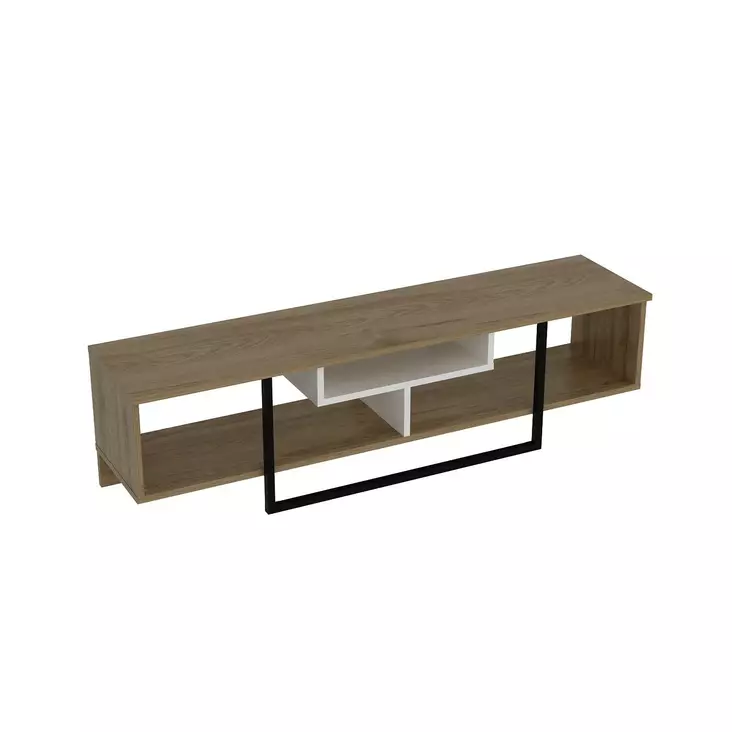 Moderni TV-taso, Valkoinen/Musta/Tammi, 100% Melamiinipinnoitettu, 149,4x40,2x35,2 cm, Useita Hyllyjä, Kiinnitettävä Seinä - TV-tasot - 8681875670356 - 1