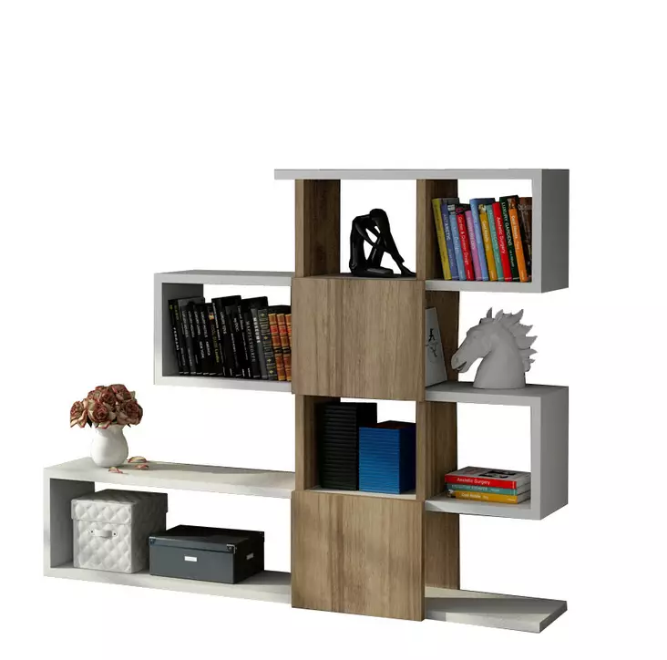 Moderni Valkoinen Pähkinä Kirjahylly - 100% Melamiinipinnoitettu - 120x109x19,5 cm - Seinään Kiinnitettävä - Useita Hyllyjä - Kirjahyllyt - 8681181613306 - 1