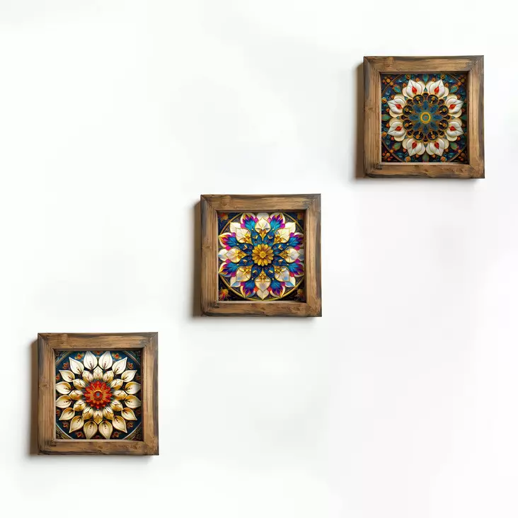 Monivärinen Koristeellinen Kehystetty MDF-Maalaus 3 kpl - 16x16x2 cm - UV-Painettu - 100% Kuusipuu Kehys - Taulut ja kehykset - 8684283650156 - 1