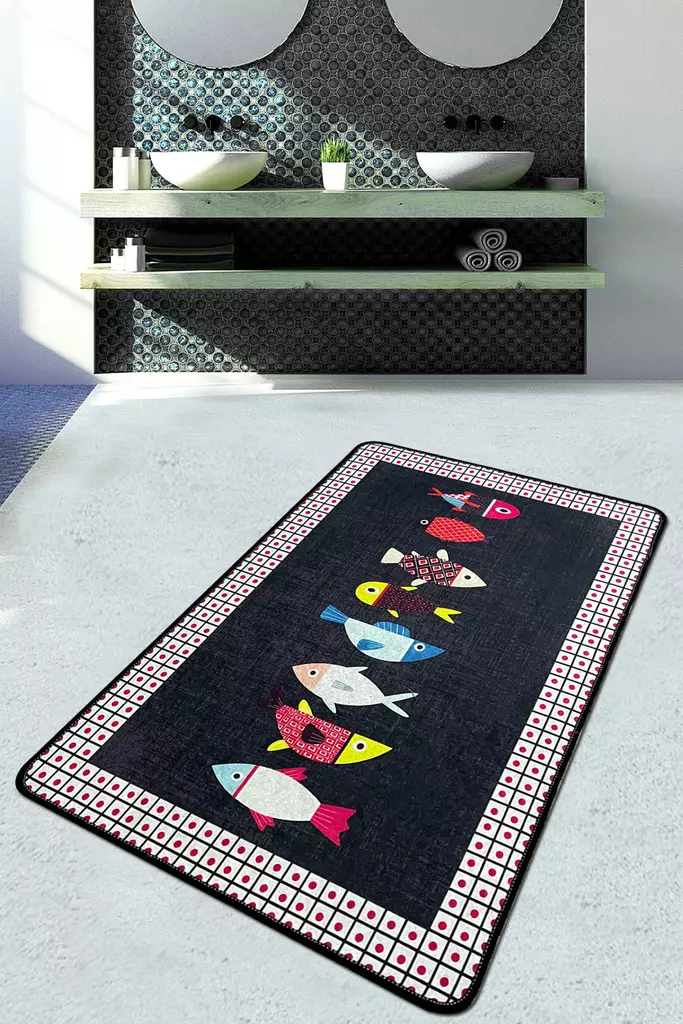 Monivärinen Kylpyhuonematto 80x100 cm - 100% Polyesteri, Antibakteerinen, Liukumaton, Konepestävä, 700 gr/m², 10 mm Paksuus - Kylpyhuonematot ja kosteantilan matot - 8683342286756 - 1