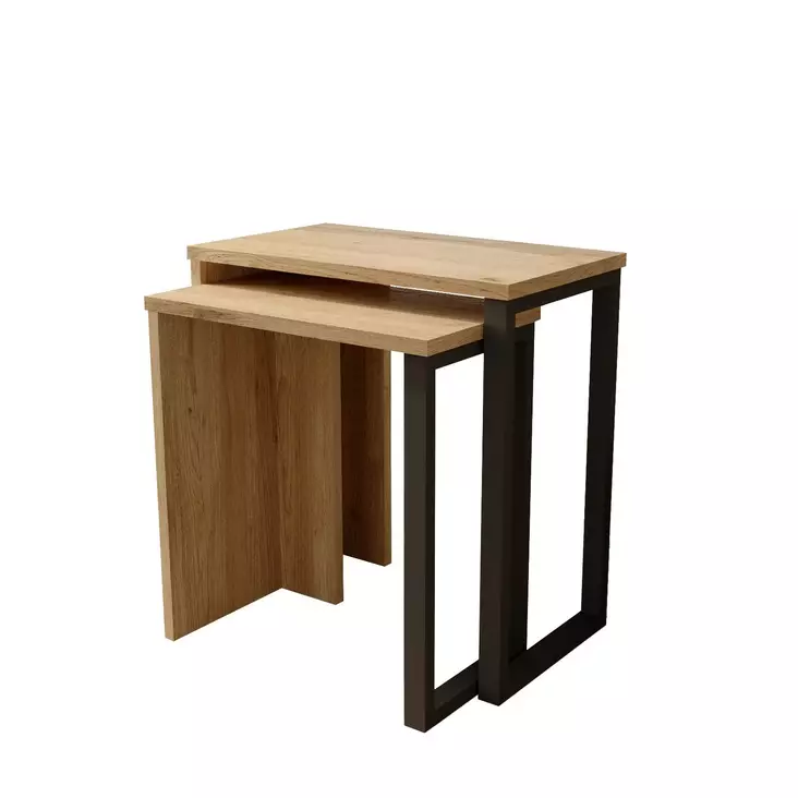 Nesting-pöytäsetti 2 kpl - Huonekalut, Pähkinä ja Tammi, 100% Melamiinipinnoitettu, Metallijalat, Tilaa Säästävä Design - Pöydät - 8684282369196 - 1