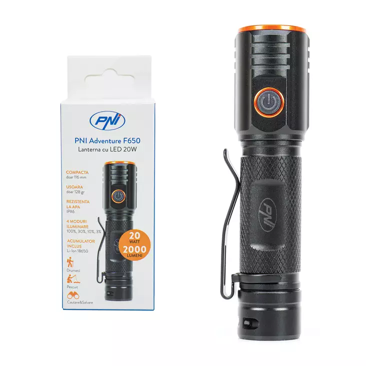 PNI Adventure F650 LED-taskulamppu, 20 W LED, 2000lm, alumiini, IPX6, akku mukana, USB C -tyyppinen lataus - PNI tuotteet - 5949066523656 - 1