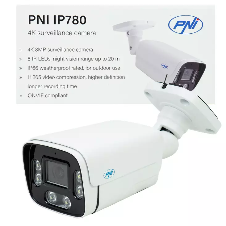 PNI IP780 8MP, 4K, IP-videovalvontakamera, 6 IR-LEDiä, IP66, valkoinen - PNI tuotteet - 5949066536526 - 1