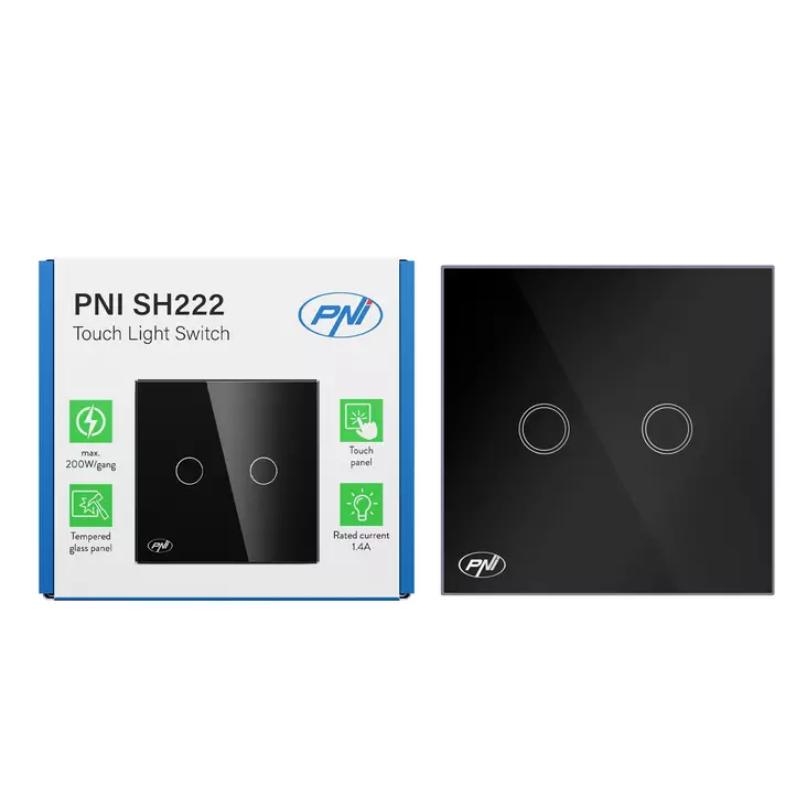 PNI SH222 lasi kaksoiskosketuskytkin, musta LED-ilmaisimella, 10A, 2X200W - PNI tuotteet - 5949066530036 - 1