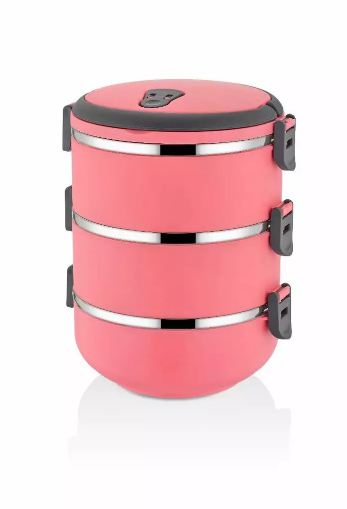 Ruostumaton Teräslounaslaatikko 3-osainen Setti, Punainen, 21,5 cm Korkeus, 15 cm Halkaisija, 2,25 l Tilavuus - Eväsrasiat ja ruoansäilytysastiat - 8683342445856 - 1