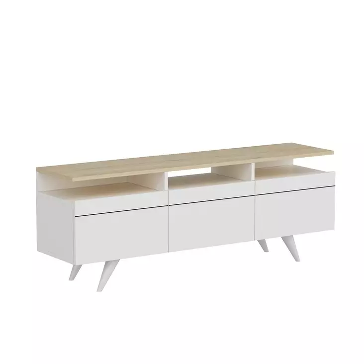 Skandinaavinen TV-taso, Tammi Valkoinen, 150x52x35 cm, 100% Melamiinipinnoitettu, Useita Hyllyjä, Seinään Kiinnitettävä - TV-tasot - 8682870115026 - 1