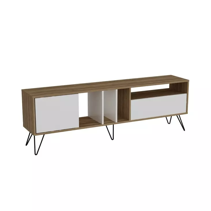 TV-taso, 180 cm, Pähkinä/Musta/Valkoinen, 100% Melamiinipinnoitettu, Metallijalat, Useita Hyllyjä, Kiinnitettävä Seinäälle - TV-tasot - 8681875670486 - 1