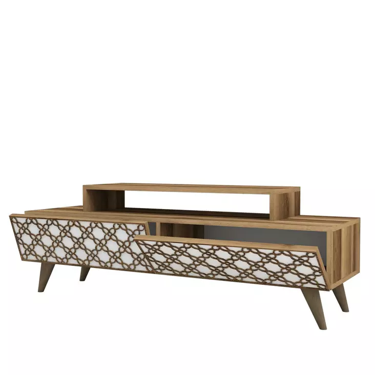 TV-taso, Huonekalut, Pähkinä Valkoinen, 100% Melamiinipinnoitettu Lastulevy, 18 mm, 4 mm CNC, Muovijalat, 140x48,8x41,8 cm - TV-tasot - 8681875184426 - 1