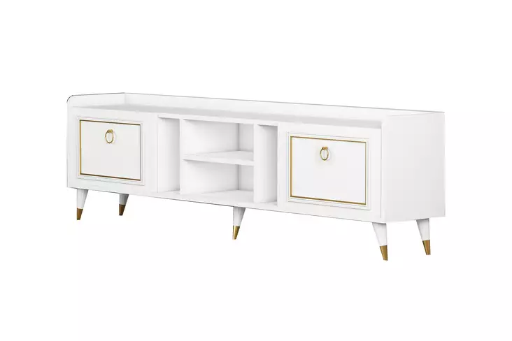 TV-taso, Huonekalut, Valkoinen Kulta, 100% Melamiinipinnoitettu Lastulevy, 180x55x35 cm, Useita Hyllyjä, Seinäkiinnitys - TV-tasot - 8683743786046 - 1
