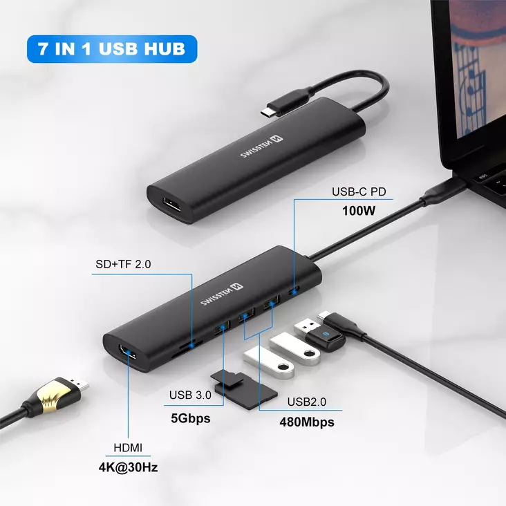 USB-C Hub 7-in-1 100W Swissten - USB-sovittimet ja telakointi - 8595217487376 - 1