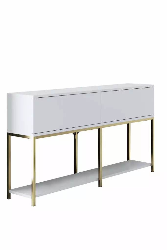 Valkoinen ja Kultainen Konsoli - 100% Melamiinipinnoitettu Lastulevy, 18mm, Metallijalat, 150x80x30cm, Yksi Paketti - Lipastot ja senkit - 8684282484066 - 1