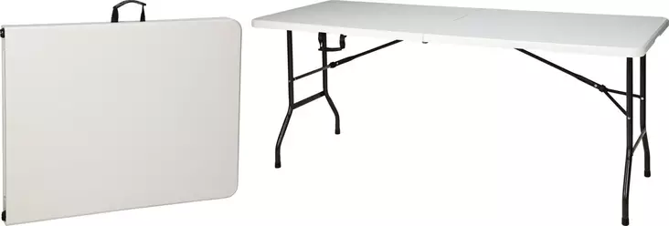 Valkoinen pöytä, kokoontaitettava, 180x70x74 cm, mustat metallijalat, kantolaukkuominaisuus - Puutarhapöydät - 8721037330176 - 1
