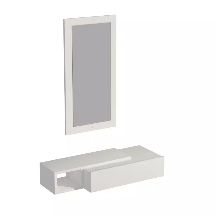 Valkoinen Sivupöytä Peilillä - 100% Melamiinipinnoitettu Lastulevy, 82x15,8x29,6 cm, Kiinnitettävä Seinään, Runsaasti Hyllytilaa - Sivu- ja apupöydät - 8683743971336 - 1