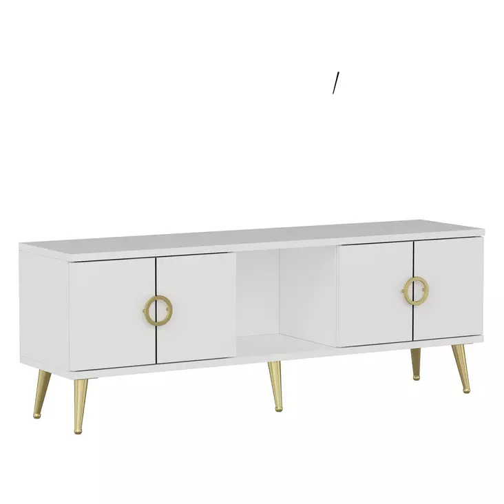 Valkoinen TV-taso 120x30x45 cm, 100% Melamiinipinnoitettu Lastulevy, PVC-jalat 15 cm, Moderni ja Tyylikäs - TV-tasot - 8683742102236 - 1