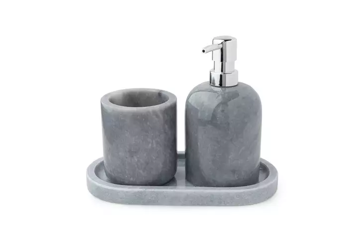 Verona Grey Marble Kylpyhuonesetti 3-osainen - 100% Marmoria - Saippua-annostelija 9x12 cm - Hammasharjateline 9x10 cm - Kylpyhuonetarvikkeet - 8684283055326 - 1