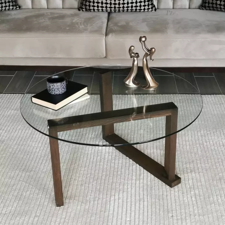 Walnut-värinen 100% massiivipuinen sohvapöytä, 80x80x41 cm, karkaistu lasikehys, moderni ja elegantti design - Sohvat - 8682870558526 - 1