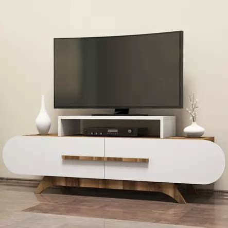 TV-taso, valkoinen pähkinäpuu, 145 cm leveä, kestävä, tilava - TV-tasot - 8681875184747 - 2