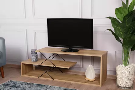 TV-taso, tammi, 100% melamiinipinnoitettu lastulevy, 18mm, 120x40x30cm, useita hyllyjä, kestävä ja tyylikäs design - TV-tasot - 8683342427517 - 2
