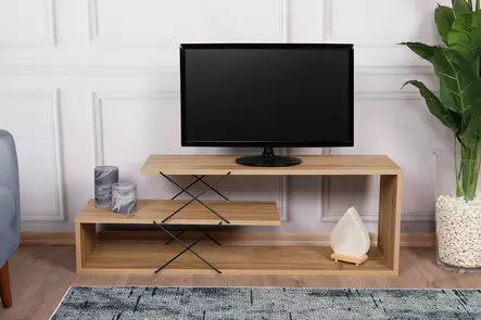 TV-taso, tammi, 100% melamiinipinnoitettu lastulevy, 18mm, 120x40x30cm, useita hyllyjä, kestävä ja tyylikäs design - TV-tasot - 8683342427517 - 1