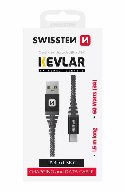 Latauskaapeli Kevlar USB/USB-C 1,5m Swissten - USB-C -kaapelit - 8595217481497 - 2