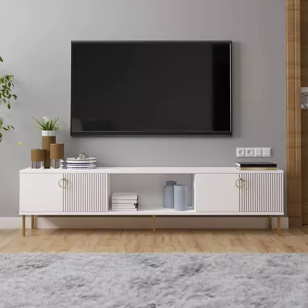 TV-taso, valkoinen, 100% melamiinipinnoitettu lastulevy, 180x45x30 cm, seinäkiinnitysmahdollisuus, 1 paketti - TV-tasot - 8684283800827 - 2