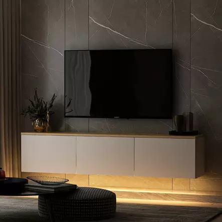 TV-taso, valkoinen tammi, 160 cm leveä, kestävä, tilava - TV-tasot - 8683743316137 - 2