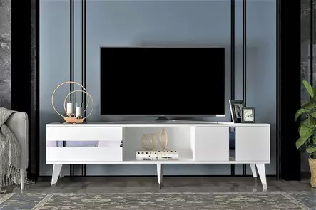 Tyylikäs TV-taso - Valkoinen Hopea, 150x29,6x50 cm, 100% Melamiinipinnoitettu Lastulevy, 18 mm, 1 Paketti - TV-tasot - 8683742035077 - 2