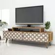 Moderni TV-taso, 140 cm, Pähkinä-Kerma, 100% Melamiinipinnoitettu, 18 mm, CNC Relief 4 mm, Muovijalat, Useita Hyllyjä - TV-tasot - 8681875184457 - 2
