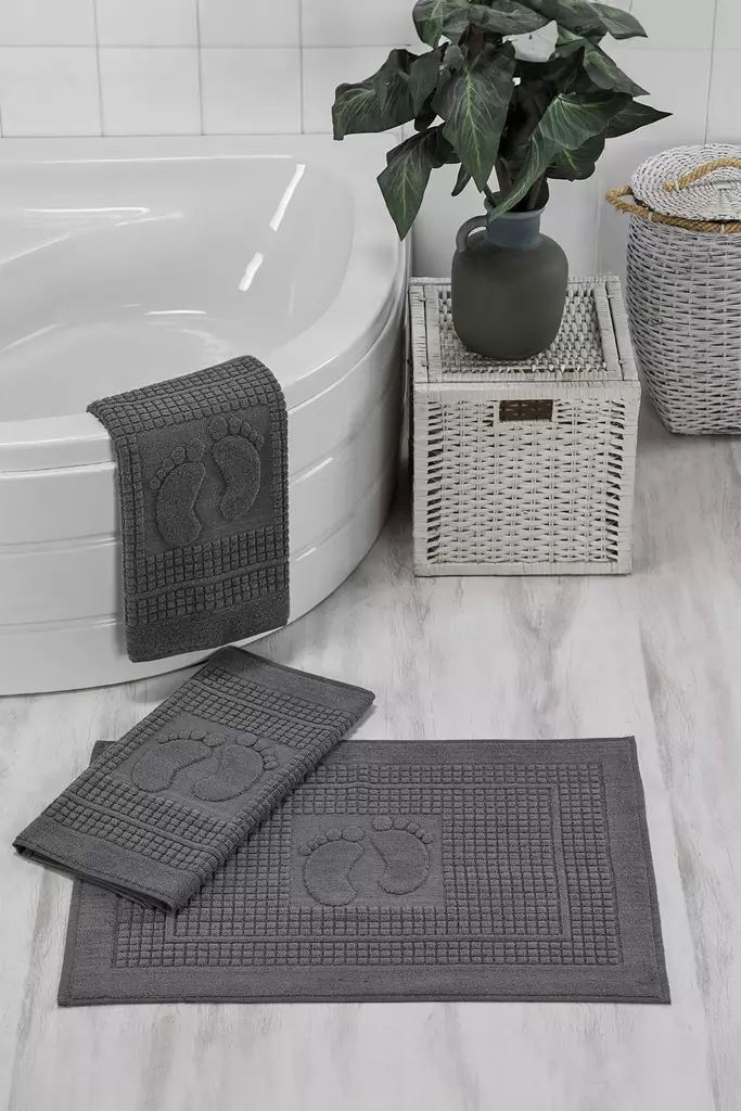 100% Puuvillainen Kylpyhuonemattosetti 3 kpl, Anthracite, 50x70 cm, Konepestävä 30 °C, Ylellinen ja Imukykyinen - Kylpyhuonematot ja kosteantilan matot - 8684283346417 - 1