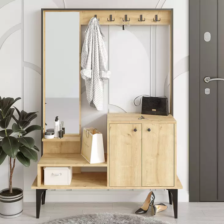 Oak Hall Stand with Mirror and Shelves - 100% Melamine Coated, 18mm Thick, 114x170x35cm, Wall-Mountable, Assembly Required - Eteiskaapit - 8683342484787 - 1