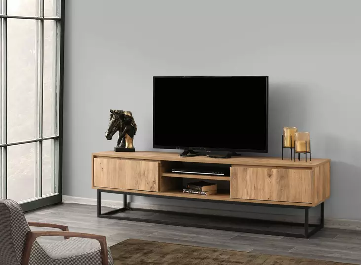 TV-taso, musta mänty, 180 cm leveä, kestävä, runsaasti säilytystilaa - TV-tasot - 8681875569827 - 1
