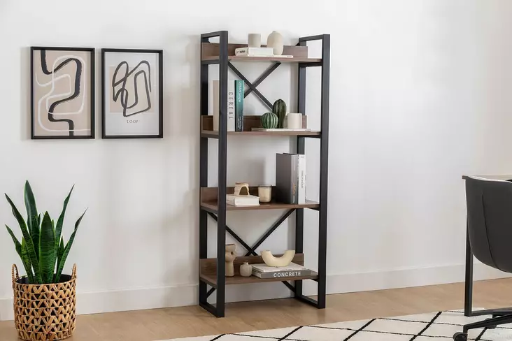 Teollinen Kirjahylly, Pähkinä, 100% Melamiinipinnoitettu, 18mm, Metallirunko, 63x150x30cm, Kiinnitettävä, Lisäsäilytys - Kirjahyllyt - 8681875207057 - 1