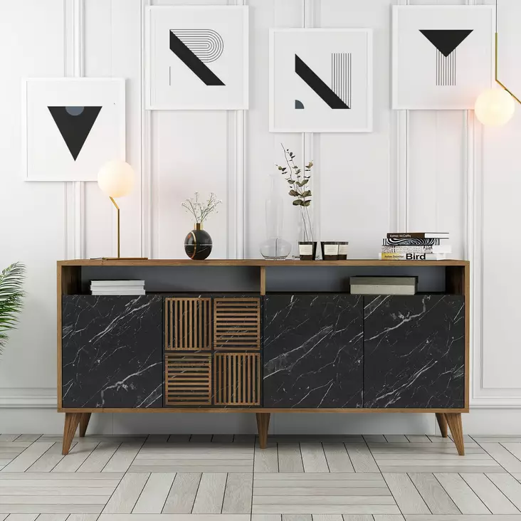 Tyylikäs ja Toimiva Konsoli - Pähkinä Musta Marmori - 100% Melamiinipinnoitettu - 160x78x35 cm - Useita Hyllyjä - Lipastot ja senkit - 8683743027927 - 1