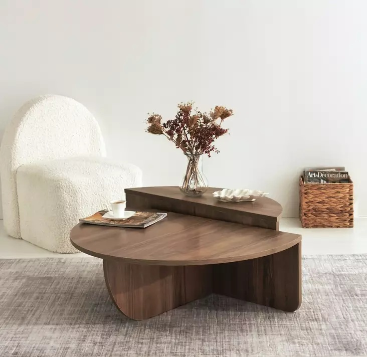 Walnut-sävyinen skandinaavinen sohvapöytä, 100% melamiinipinnoitettu, 18mm paksuus, 90x30x60cm ja 85x35x30cm - Sohvat - 8683342746847 - 1