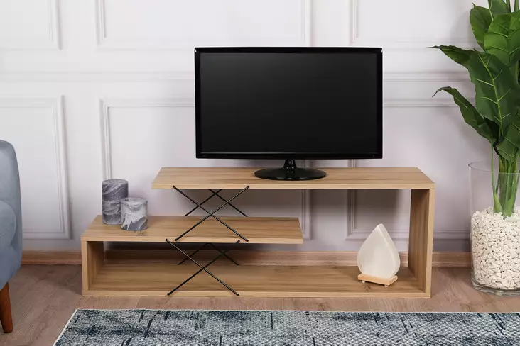TV-taso, tammi, 100% melamiinipinnoitettu lastulevy, 18mm, 120x40x30cm, useita hyllyjä, kestävä ja tyylikäs design - TV-tasot - 8683342427517 - 1