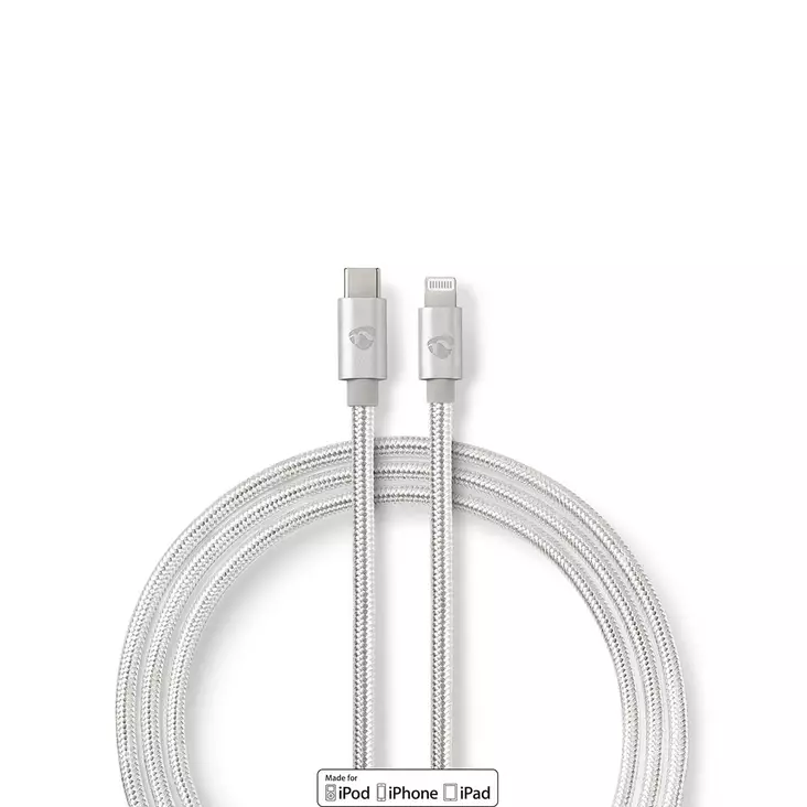 Lightning Kaapeli | USB 2.0 | Apple Lightning 8-Pin | USB-C Uros | 480 Mbps | Kullattu | 1.00 m | Pyöreä | Nailon / Punottu | Alumiini / Hopea | Laatikko kannella ja ikkunalla - Lightning-kaapelit - 5412810313037 - 1