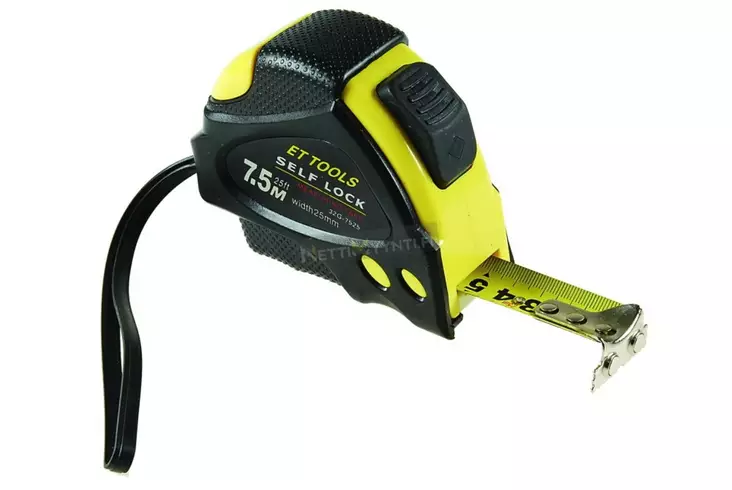 Rullamitta 7,5 m x 25 mm itselukittuva - Mitat ja vatupassit - 8715156013027 - 1